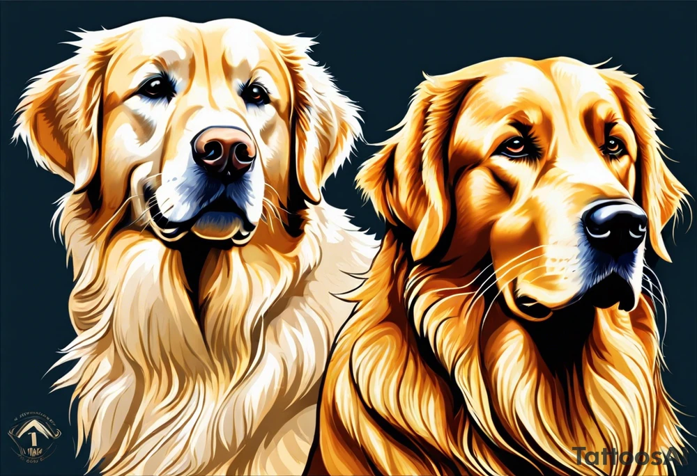 two dogs one is a dark colored golden retriever and the other is a light colored yellow lab. They are happy. tattoo idea
