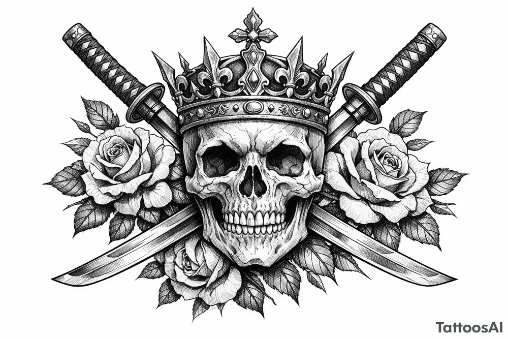Skull with ornate crown, crossed katanas, and blooming roses, neo-traditional. tattoo idea