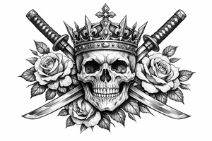 Skull with ornate crown, crossed katanas, and blooming roses, neo-traditional. tattoo idea