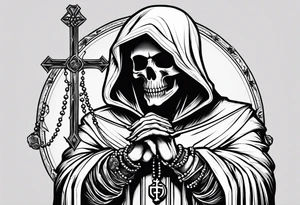 The grim reaper with praying hands and rosary rapped around his hands while he’s standing standing side ways tattoo idea