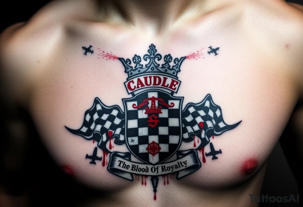 Men Doom Crest  with A Giant King Crown, CAUDLE written inside red, a chessboard, blood splatter on top of two  racing flags & OTF inside, The Words The Blood Of Royalty in red underneath the crest & 🌍 symbol in red outside of the crest, And raining blood drops, Jets/Airplanes/Helicopters/explosives flying above tattoo idea