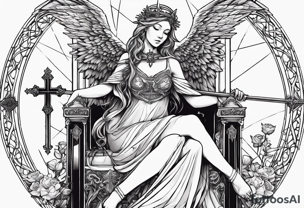 girl angel sitting in a throne with a staff with a cross at the top, a devil laying on the ground by the angels feet being stabbed in the chest by the staff tattoo idea