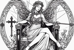girl angel sitting in a throne with a staff with a cross at the top, a devil laying on the ground by the angels feet being stabbed in the chest by the staff tattoo idea