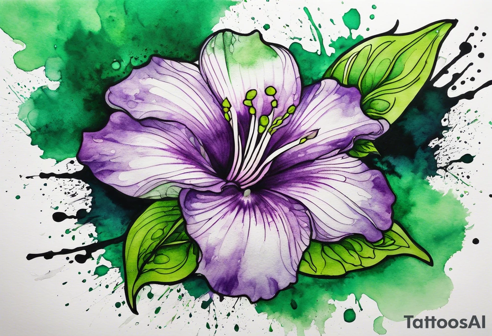 A mystical outline of a green and purple rio dipladenia flower and a green and purple watercolor splash in the background tattoo idea