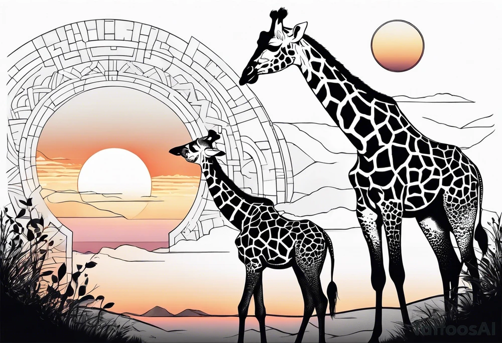 Two young giraffes standing in front of a sunset with one having a halo over its head tattoo idea