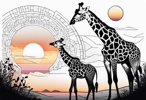 Two young giraffes standing in front of a sunset with one having a halo over its head tattoo idea