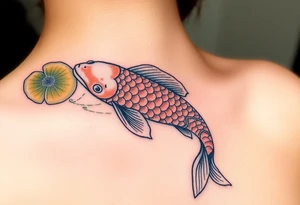 A carp swimming under lily pads, with gentle ripples in the water and a mix of muted greens and golden browns tattoo idea