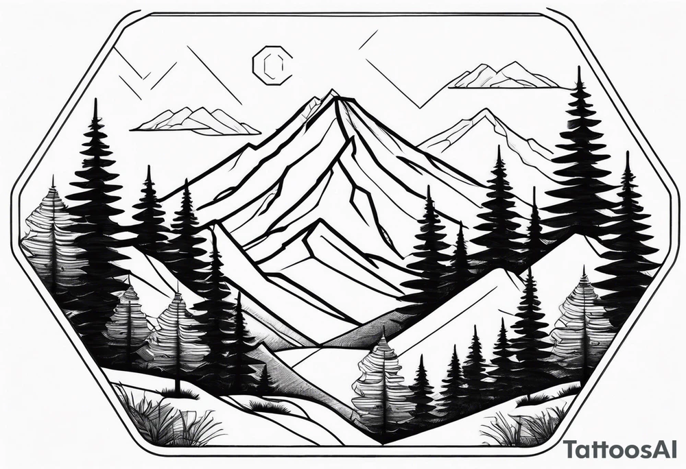 mountain with trees in an hexagon tattoo idea