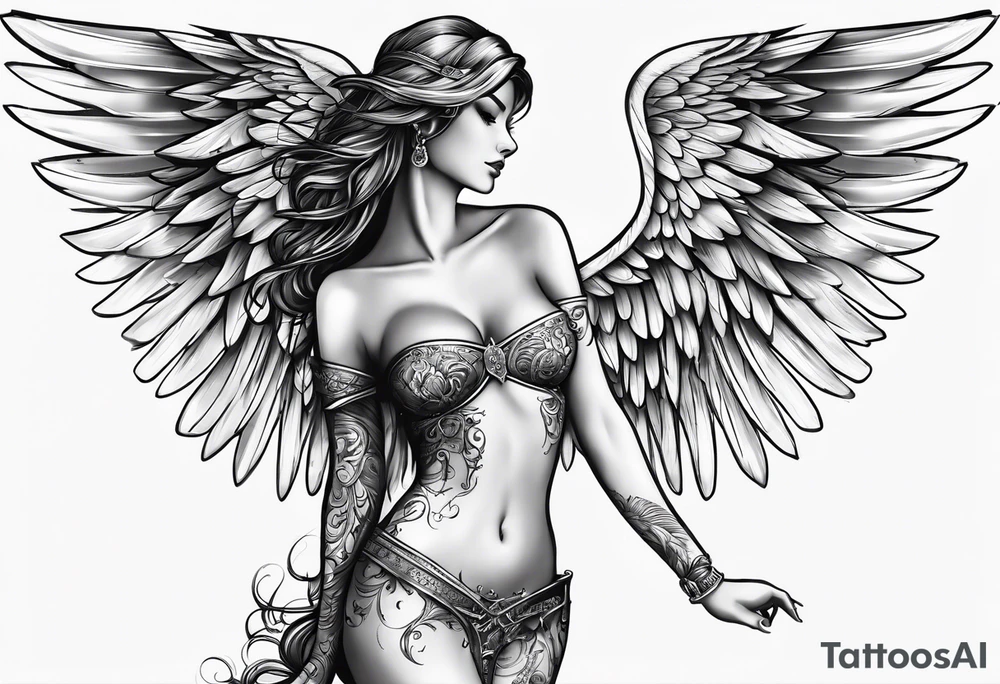 Angel right wing, side way with name Leah written in gothic letters. tattoo idea