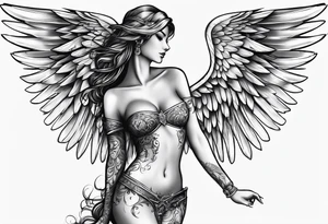 Angel right wing, side way with name Leah written in gothic letters. tattoo idea