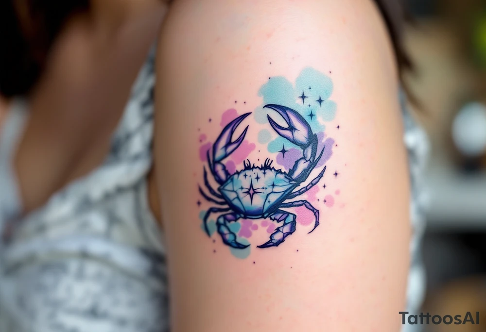Violet and turquoise watercolor splash behind the Cancer stars, with the crab subtly hidden in the background. tattoo idea