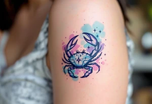 Violet and turquoise watercolor splash behind the Cancer stars, with the crab subtly hidden in the background. tattoo idea