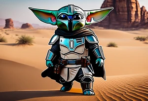 Baby Grogu wearing black mandalorian armor,  with a white lightsaber in the desert tattoo idea