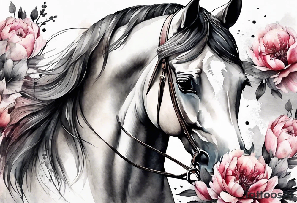 Watercolor horse with delicate peonies. tattoo idea