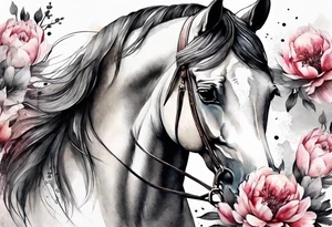 Watercolor horse with delicate peonies. tattoo idea
