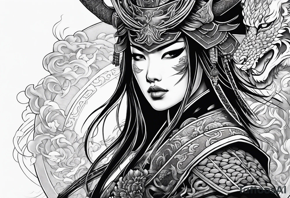 female warrior in samurai clothing half covering her face with a mask and twin dragons tattoo idea