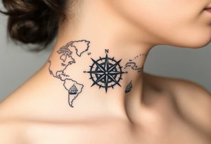 antique compass rose overlaid on weathered world map with sailing ships tattoo idea