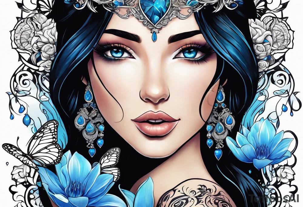 Black hair, ocean blue eyes aphrodite with hearts and water lilies surrounded with butterflies around with names “Zane”, “Nate”, “Jaiden” tattoo idea
