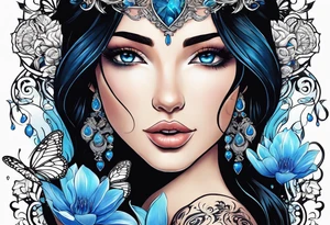 Black hair, ocean blue eyes aphrodite with hearts and water lilies surrounded with butterflies around with names “Zane”, “Nate”, “Jaiden” tattoo idea