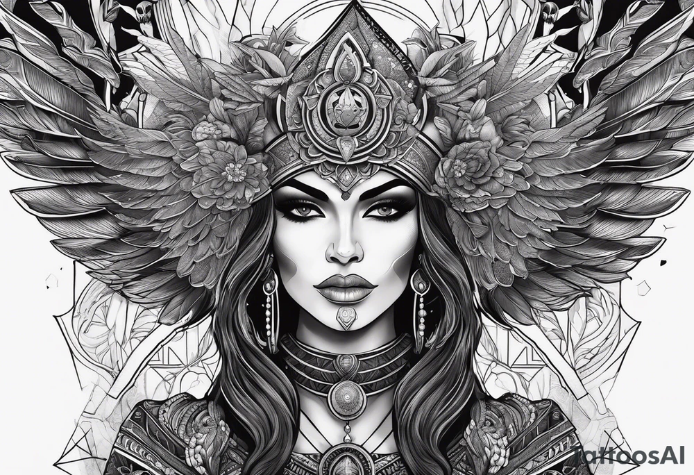 black kali, goddess pirate, alien, pachamama, valkrye, warrior, skull, lotus azul, wing, eagle, zenza resonance, stars, 5D, anahata chakra tattoo idea