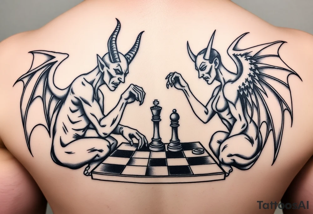 devil and angel playing chess in black and mainly just the outline. Make them seem like people and not animals tattoo idea