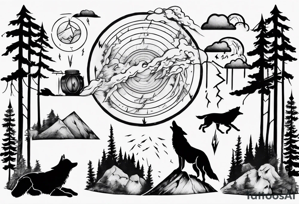a thunder and lightning storm over a forest with a distant wolf howling and a drum circle tattoo idea
