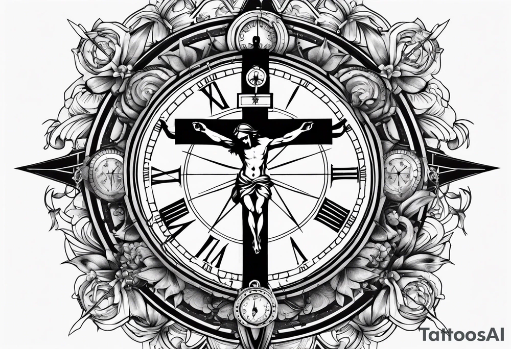 Crucifix with clock and compass in the middle tattoo idea