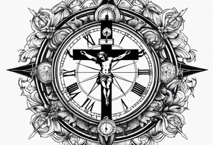 Crucifix with clock and compass in the middle tattoo idea