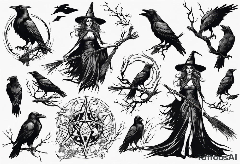 witch with crows tattoo idea