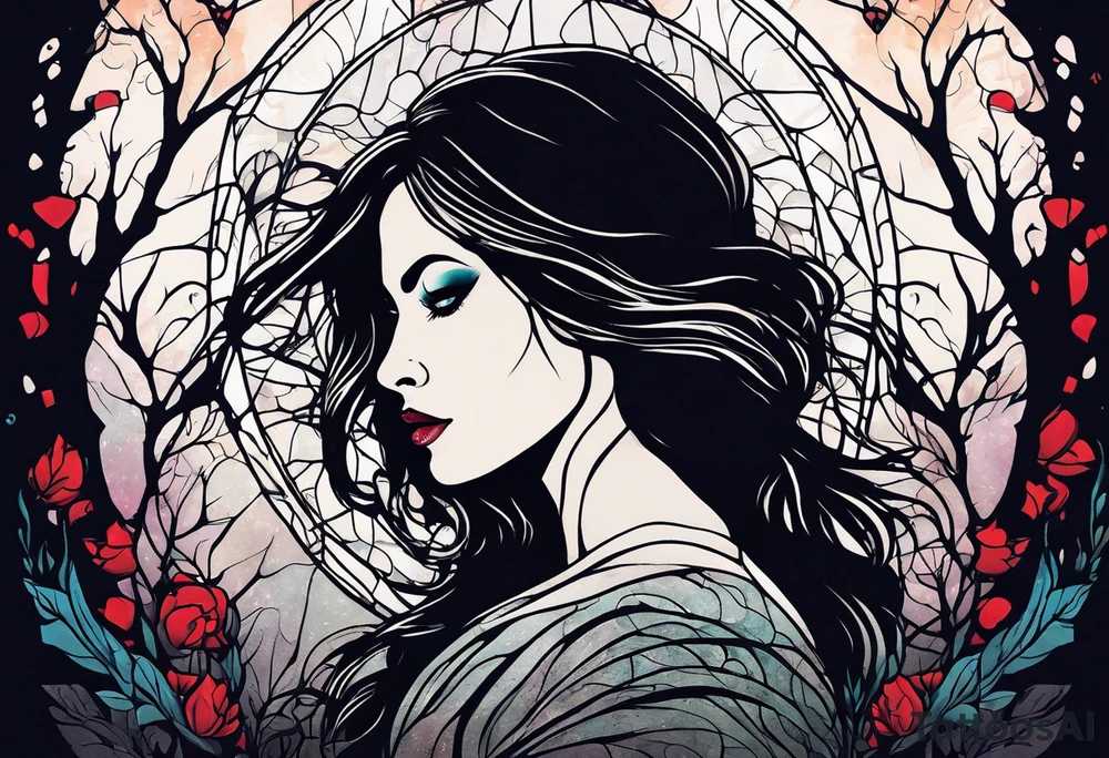 Courageous Woman with a tear running down her face walking out of a graveyard  leaving her old terrifying, scary, violent past behind her ethereal and mysterious tattoo idea