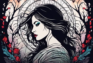 Courageous Woman with a tear running down her face walking out of a graveyard  leaving her old terrifying, scary, violent past behind her ethereal and mysterious tattoo idea