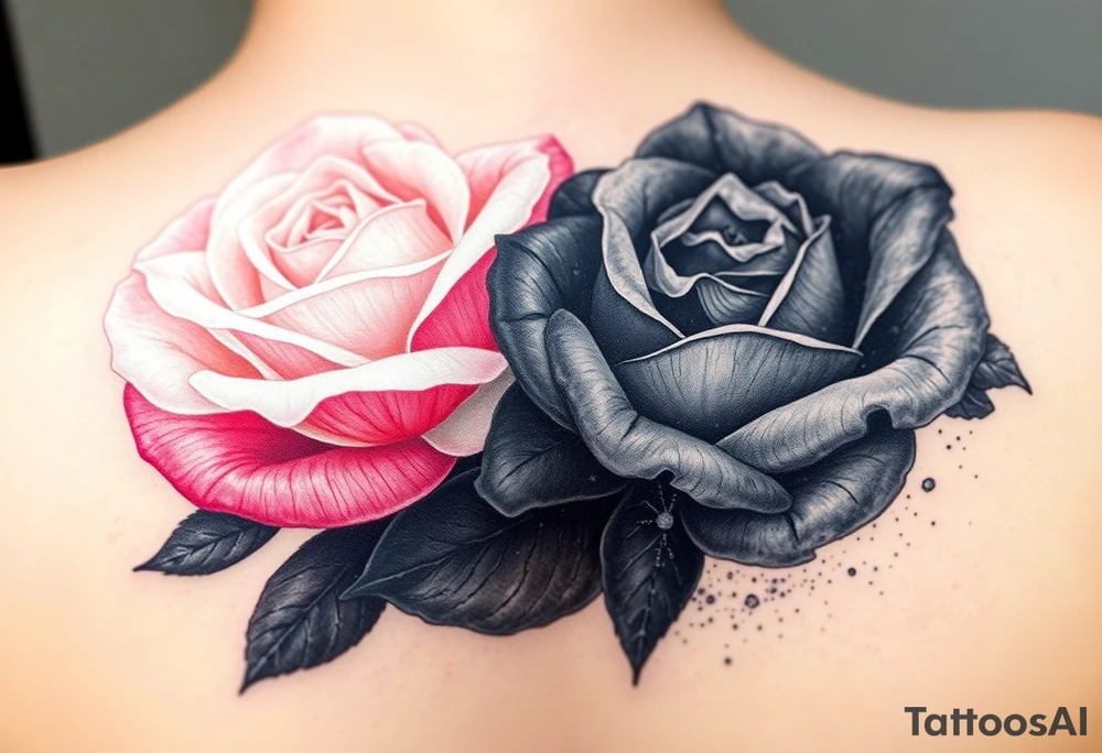 A pure white rose with soft pink highlights, symbolizing innocence and love, contrasted against a wilted black rose, its petals falling apart and turning to dust, in deep shades of gray and black, symbolizing death and decay. tattoo idea
