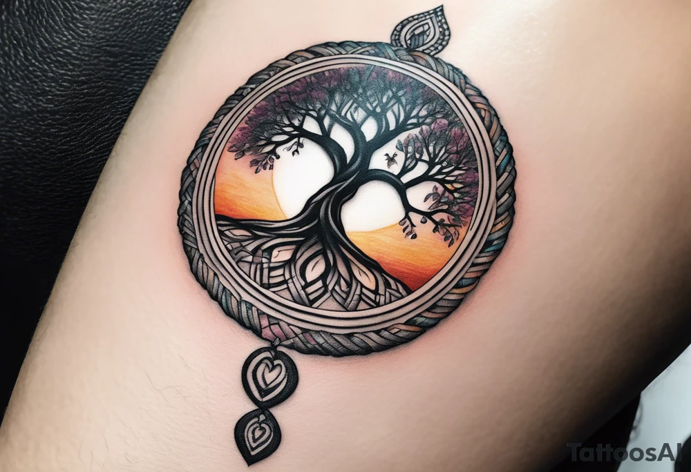 Braided rope wrist tattoo with tree of life in the center with bead work dangling on the hand tattoo idea