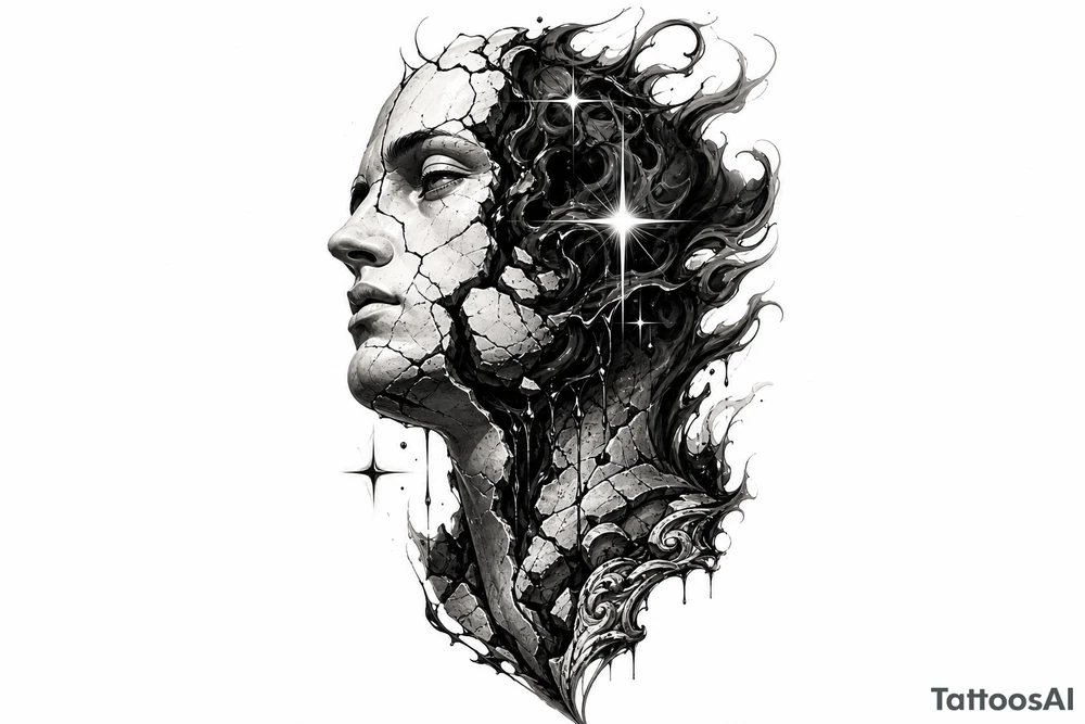 Black and grey tattoo design of a broken marble statue face split down the middle, side view profile, realistic shattered porcelain effect, dark wispy smoke and liquid pouring out of the cracks, Chicano tattoo shading, heavy blackwork background, sharp 4-point sparkle stars, high contrast, clean white background, detailed tattoo stencil style on side neck tattoo idea