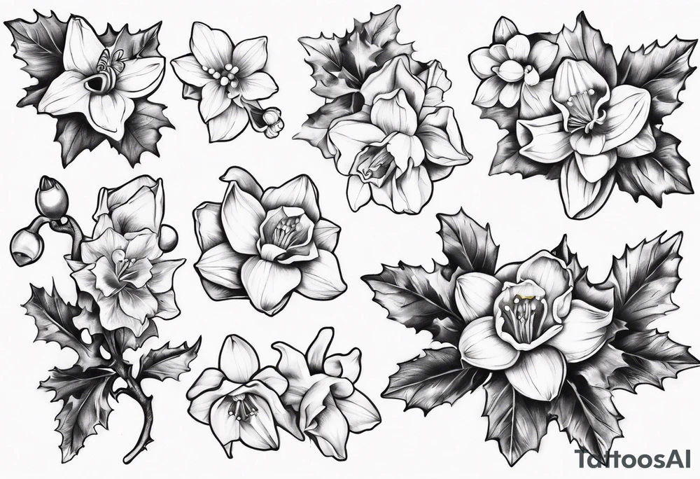 OAKLEE with Narcissus and holly flowers tattoo idea