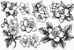 OAKLEE with Narcissus and holly flowers tattoo idea