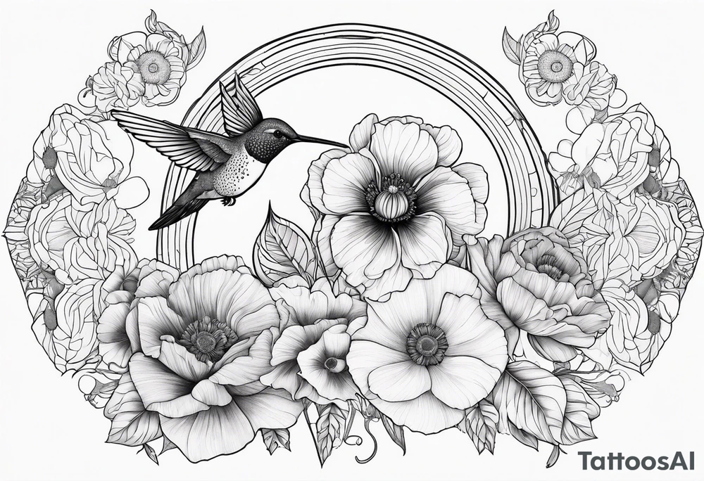 Fine line background black mandala with colorful poppy flowers and honeysuckle flowers and hummingbird tattoo idea