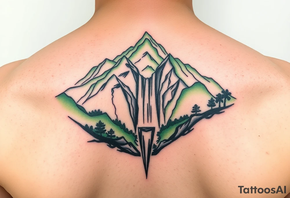 သား  surrounded by a colorful green mountainside with a waterfall tattoo idea