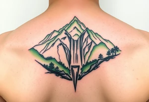 သား  surrounded by a colorful green mountainside with a waterfall tattoo idea