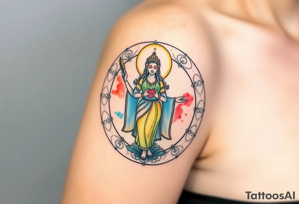A blindfolded goddess standing in the center of a cosmic circle, with one hand holding a feather and the other a heart, symbolizing fairness in karma. tattoo idea