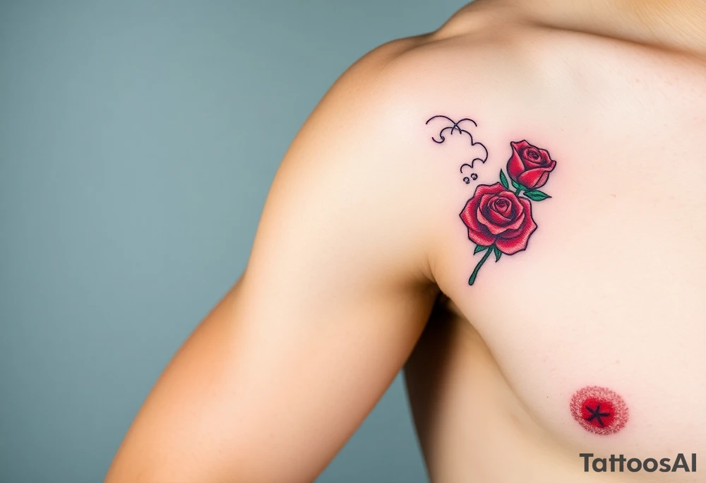 The Great Wave off Kanagawa With a red rose with a stem on the side of the wave tattoo idea