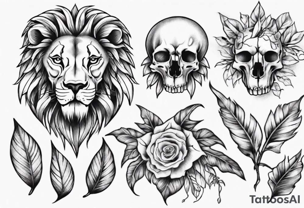 Lion skull tattoo and leaves tattoo idea