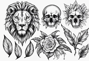Lion skull tattoo and leaves tattoo idea