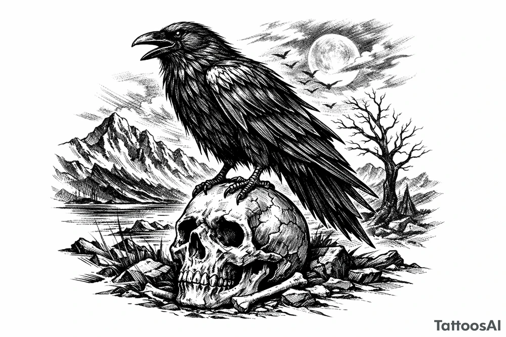a raven standing on a skull, landscape. tattoo idea