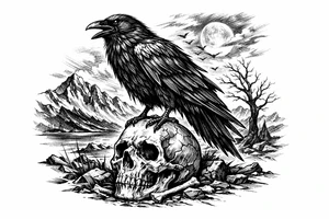 a raven standing on a skull, landscape. tattoo idea