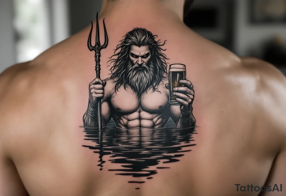 poseidon in calm water, holding a trident, holding a beer tattoo idea