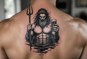 poseidon in calm water, holding a trident, holding a beer tattoo idea