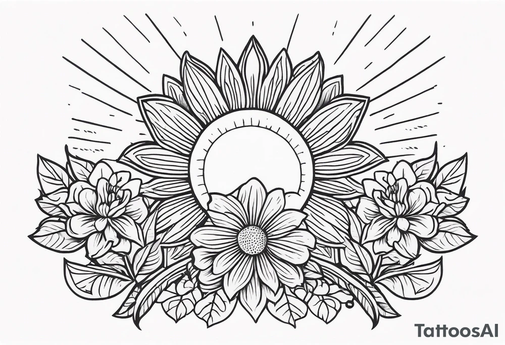 sunshine with rays

old school vintage simple traditional design with vintage flowers surrounding
bold color simple tattoo idea