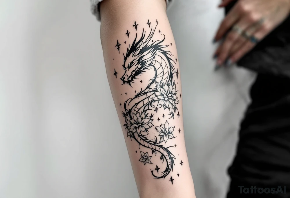 un dragon central entouré de fleurs de lys tattoo idea