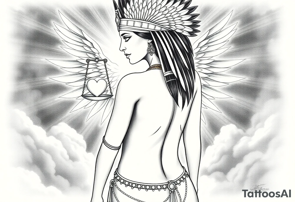 Sexy Egyptian goddess with a curvy body, slightly turned So you can see her ass. She is wearing an ostrich feather headdress, and intricate ancient Egyptian jewelry. Background includes something similar to heaven. Incorporate the Scales of Justice—one side holding a heart, the other Ma’at’s feather—glowing with ethereal energy. Emphasize dramatic lighting, deep shadows, and surreal, mystical atmosphere tattoo idea